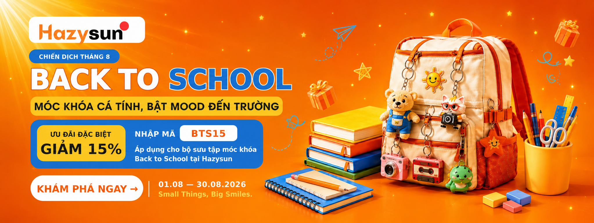 Banner Back to School Hazysun giảm 15% móc khóa balo với mã BTS15